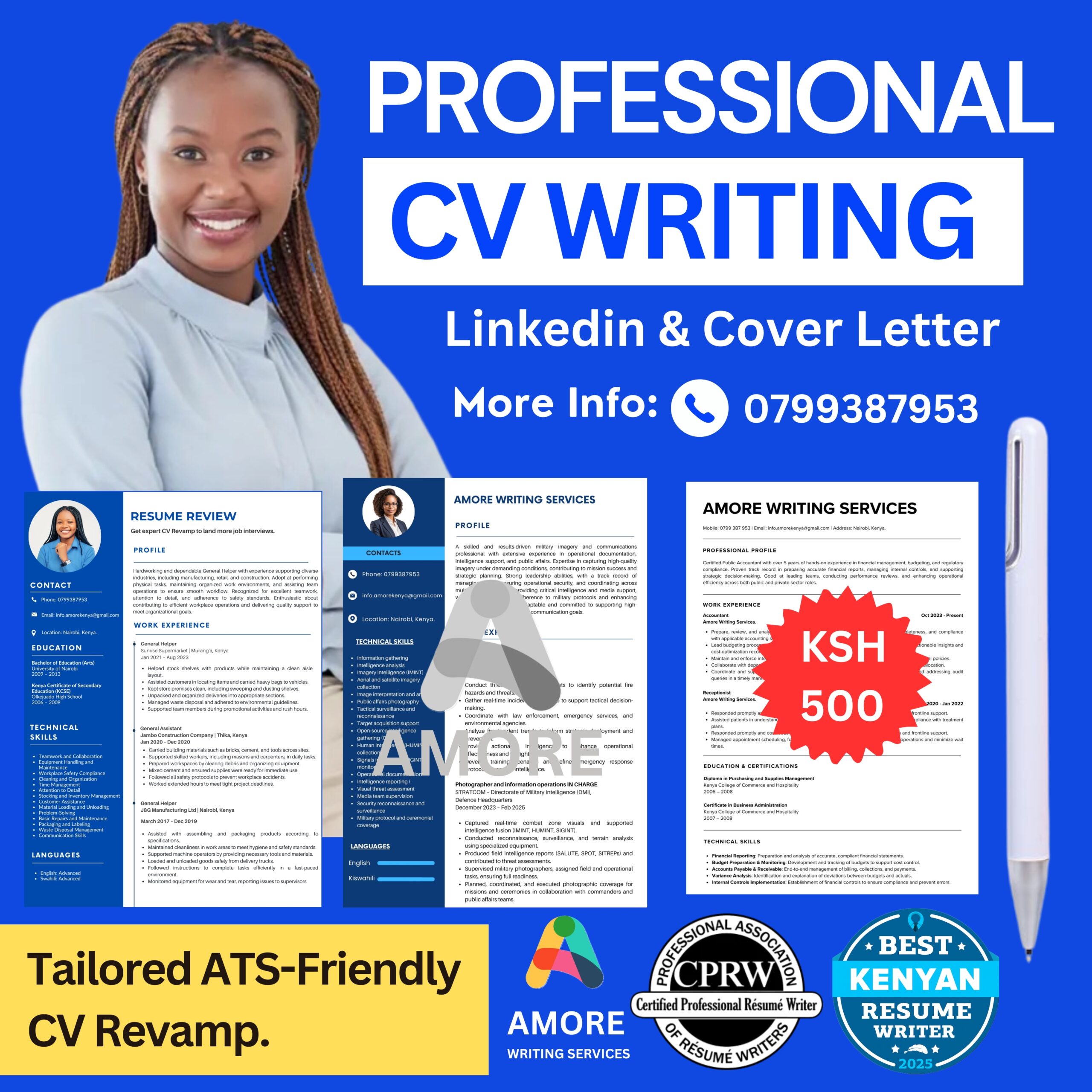 Our CV Writing Service in Kenya

A professionally crafted CV can be the key to unlocking new career opportunities—and we’re here to help you stand out.

With over 5 years of combined experience, our expert writers create tailored CVs that align with what employers are truly looking for. We don’t just write CVs—we position you for success.

Our results speak for themselves: a 99% client satisfaction rate and a strong track record of clients securing more interviews. Many of our customers return to us time and again, trusting our proven expertise to support their career growth.